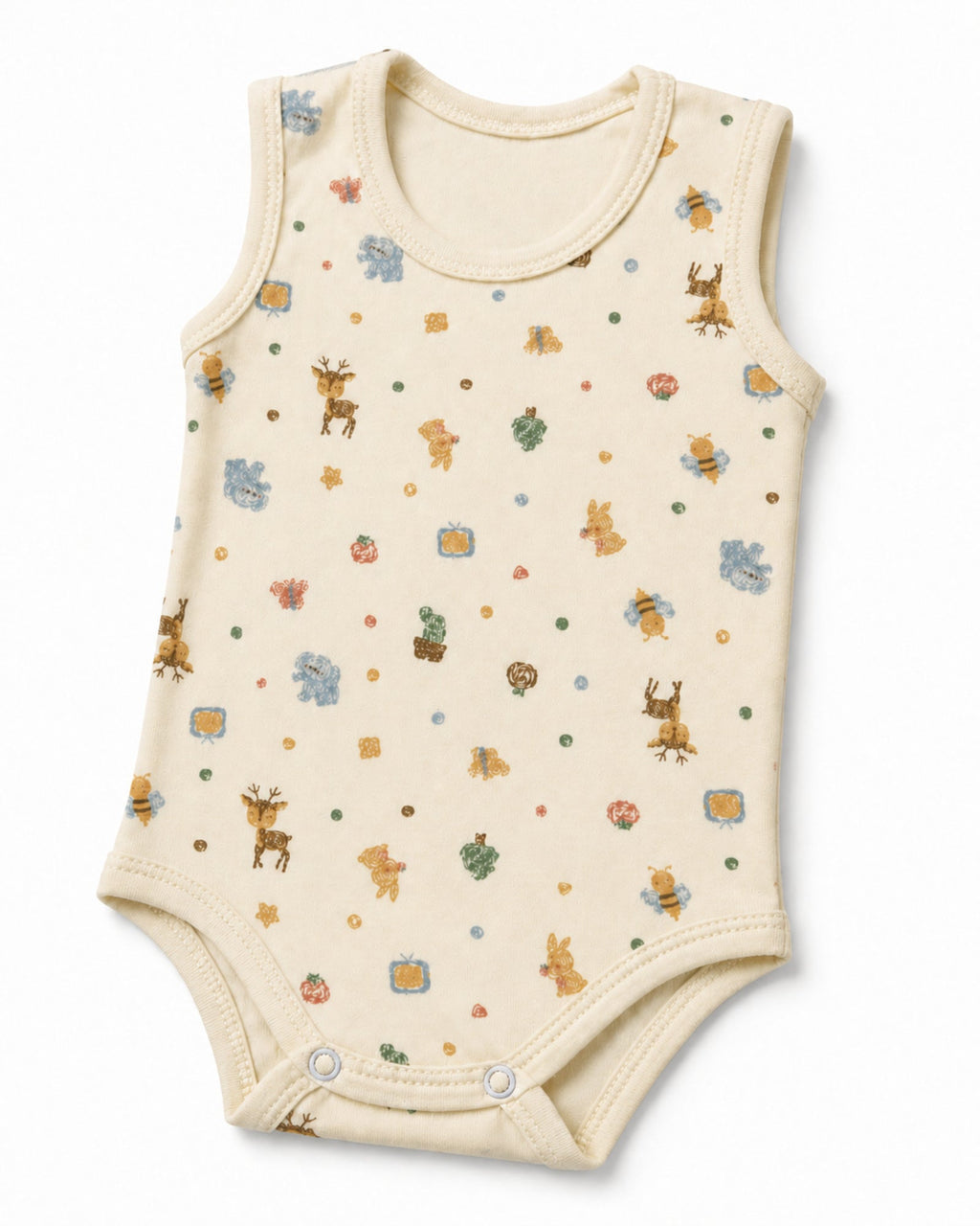 Cream baby bodysuit print, stitching and two-snap construction detail on white