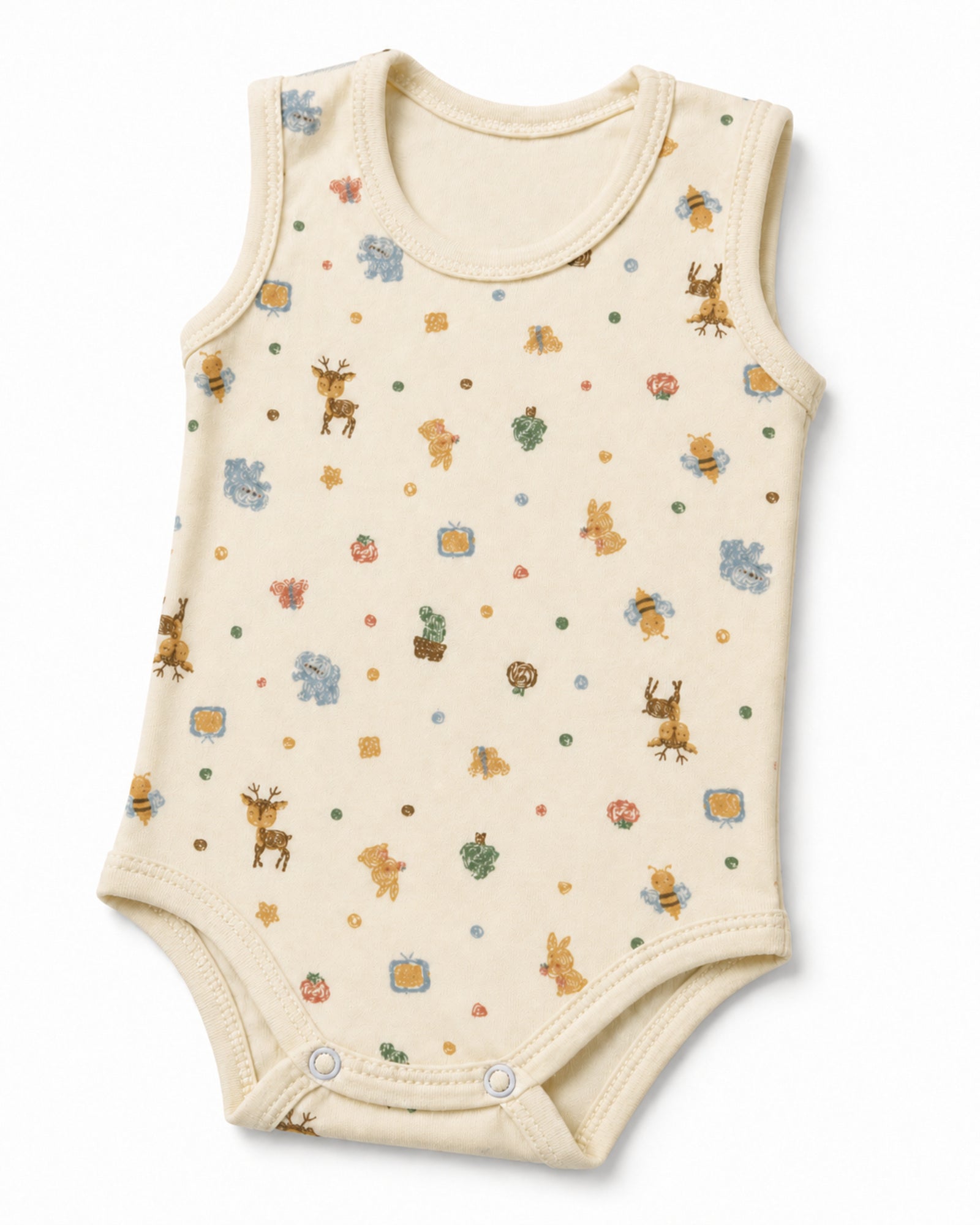 Cream baby bodysuit print, stitching and two-snap construction detail on white