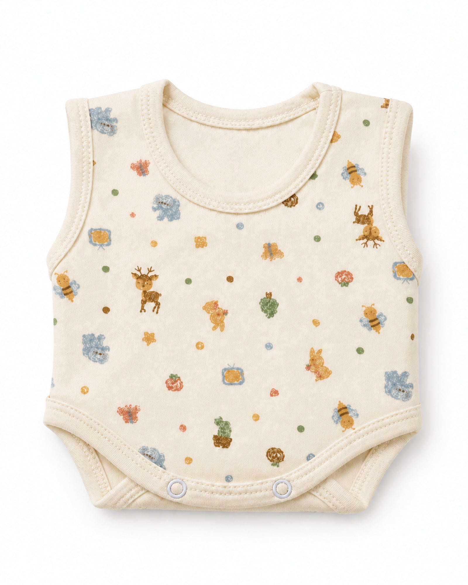 Cream sleeveless baby bodysuit, folded composition on white