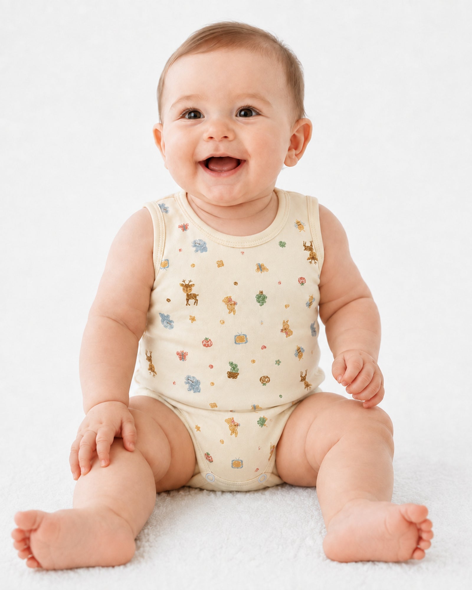 Baby wearing cream sleeveless bodysuit with woodland friends print