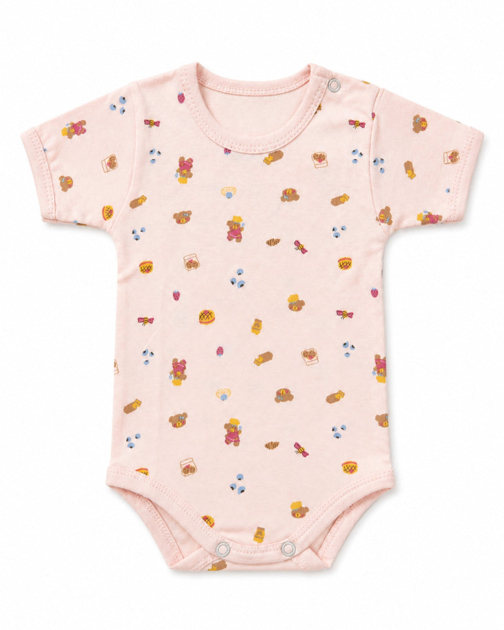 Pale pink short-sleeve baby bodysuit with teddy bear treats print, front view on white