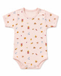 Pale pink short-sleeve baby bodysuit with teddy bear treats print, front view on white