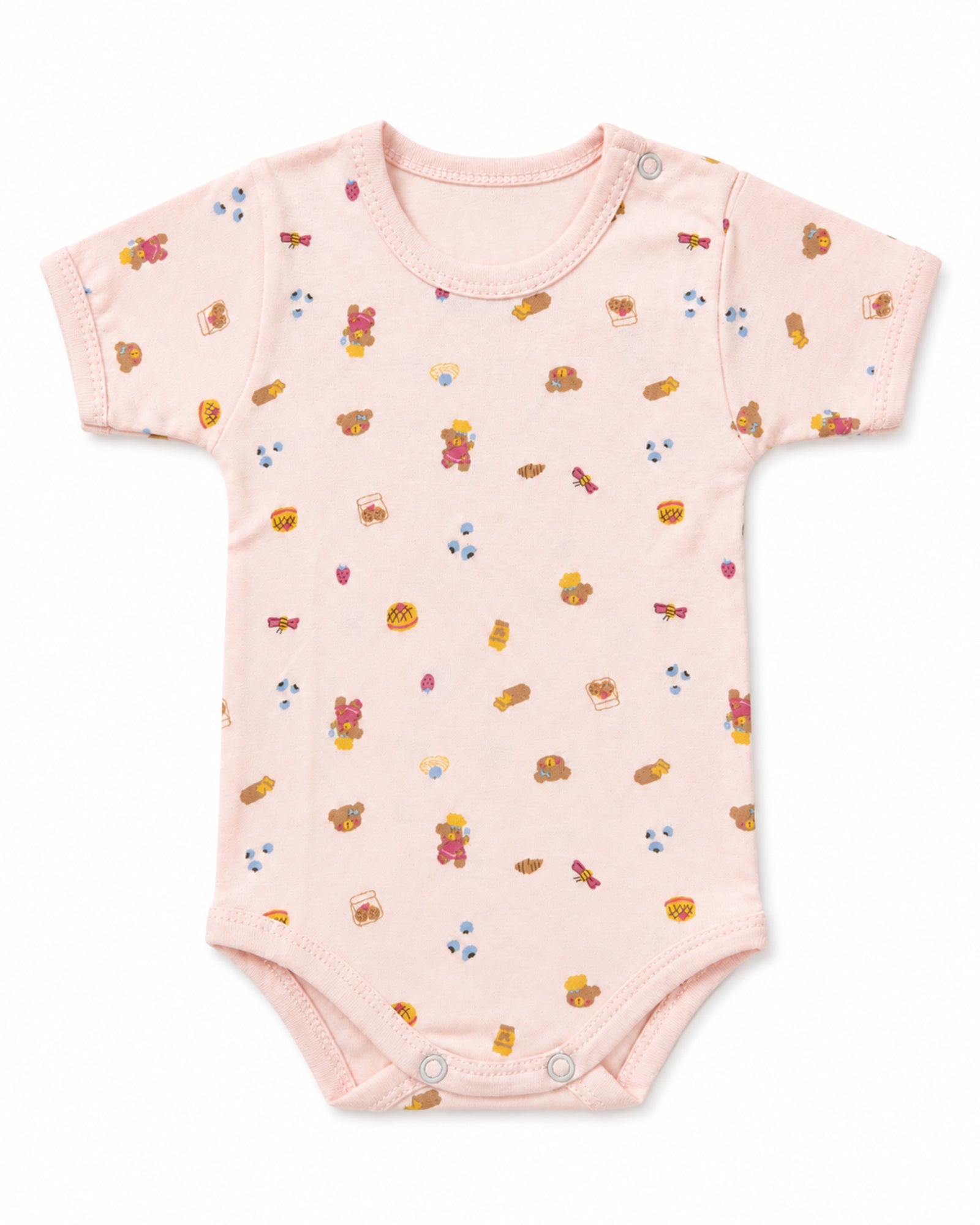 Pale pink short-sleeve baby bodysuit with teddy bear treats print, front view on white