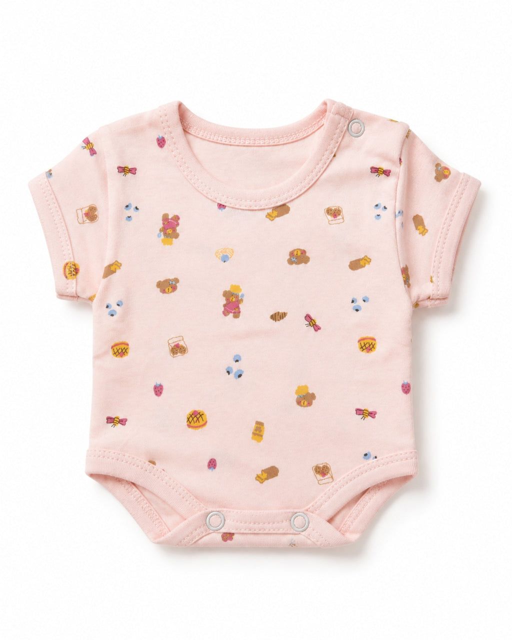 Pale pink short-sleeve baby bodysuit, folded composition on white