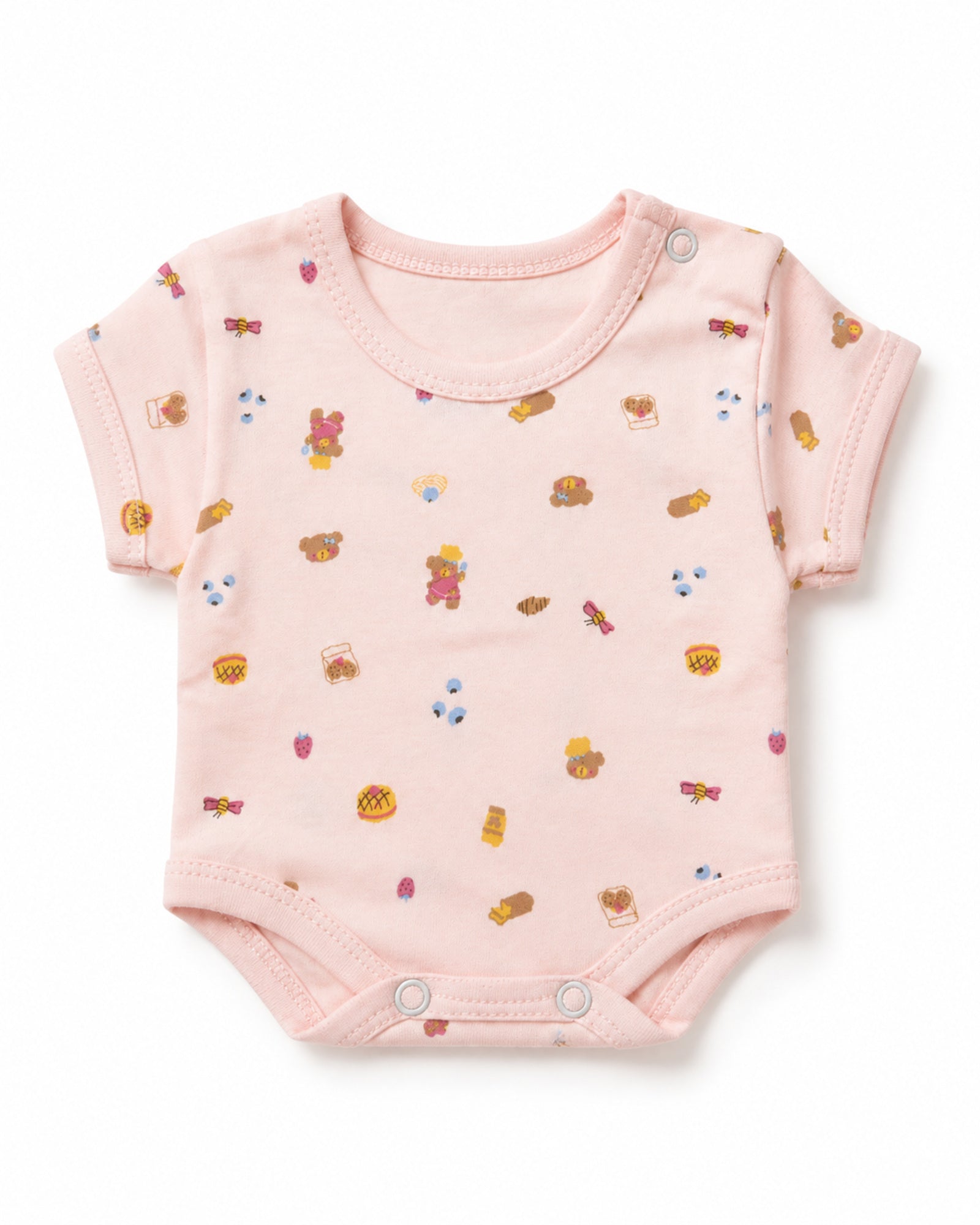 Pale pink short-sleeve baby bodysuit, folded composition on white
