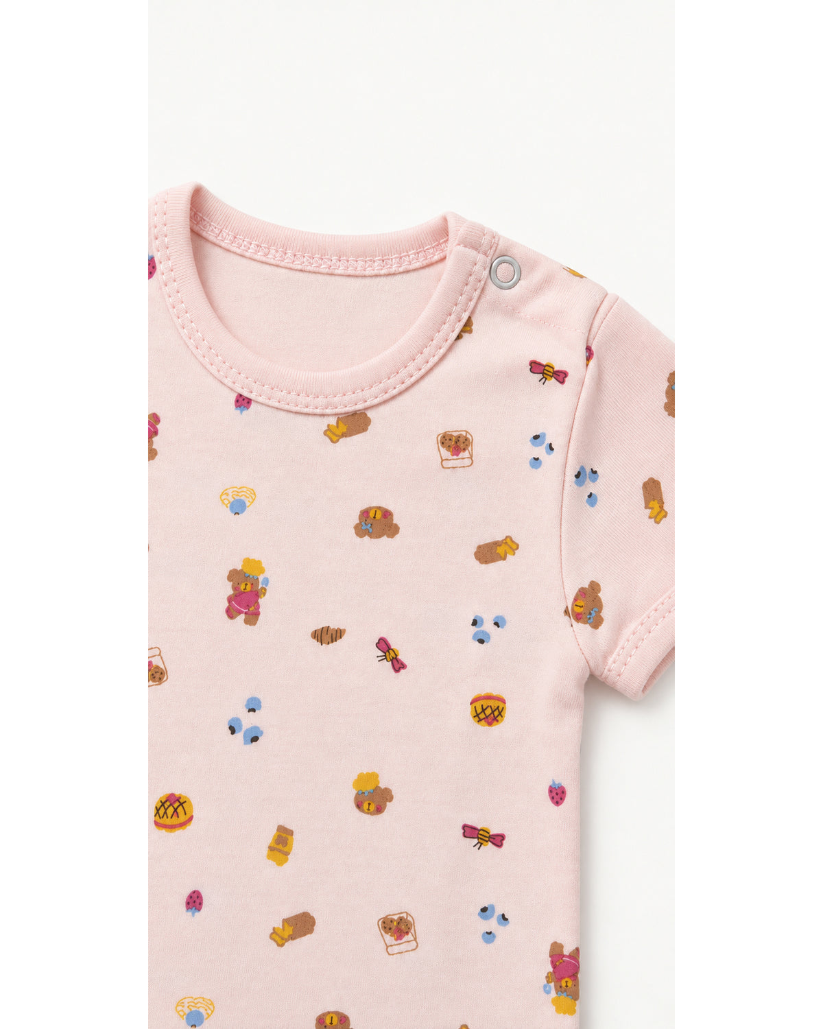 Pale pink teddy bear treats bodysuit shoulder snap, neckline and sleeve hem detail