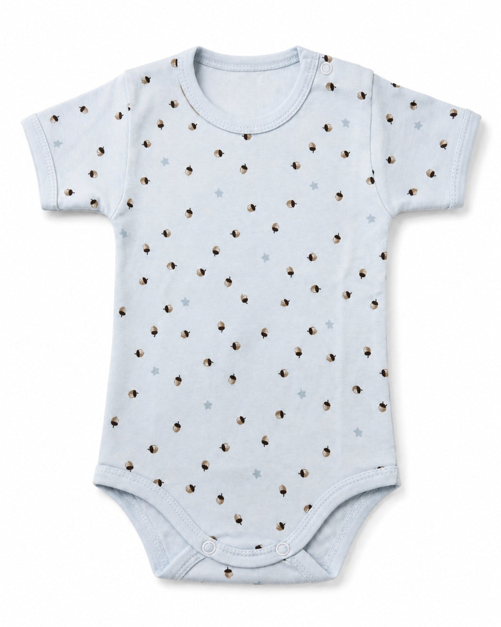 Pale blue short-sleeve baby bodysuit with acorn and star print, front view on white