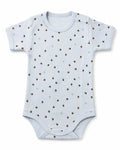 Pale blue short-sleeve baby bodysuit with acorn and star print, front view on white