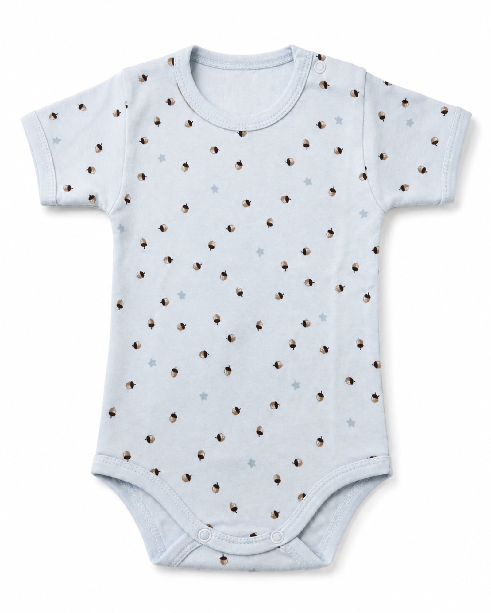 Pale blue short-sleeve baby bodysuit with acorn and star print, front view on white