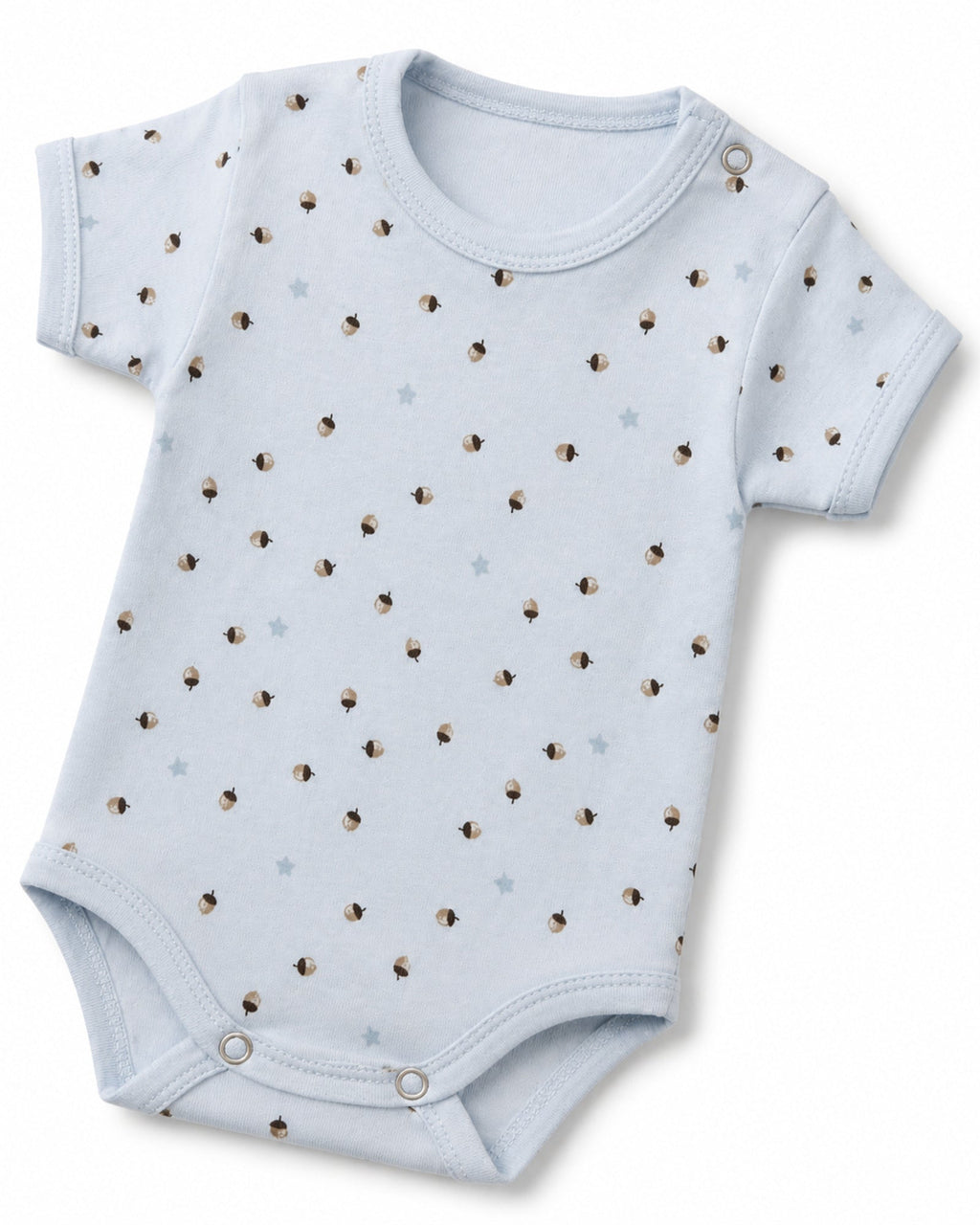 Pale blue baby bodysuit shoulder snap, acorn print and stitching detail on white