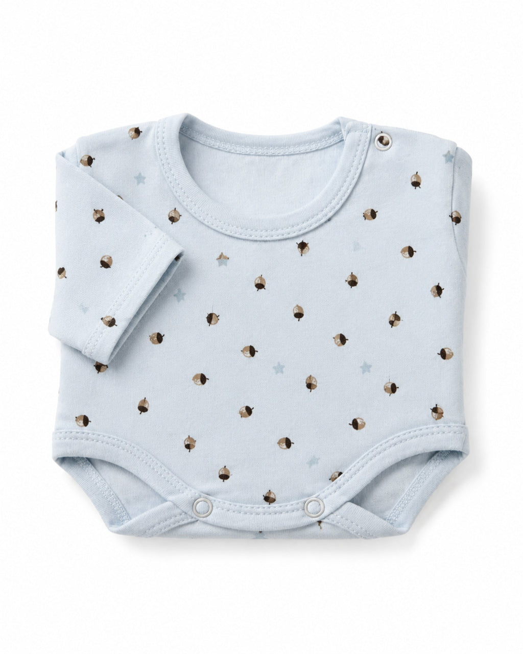 Pale blue short-sleeve baby bodysuit with acorn and star print, folded on white