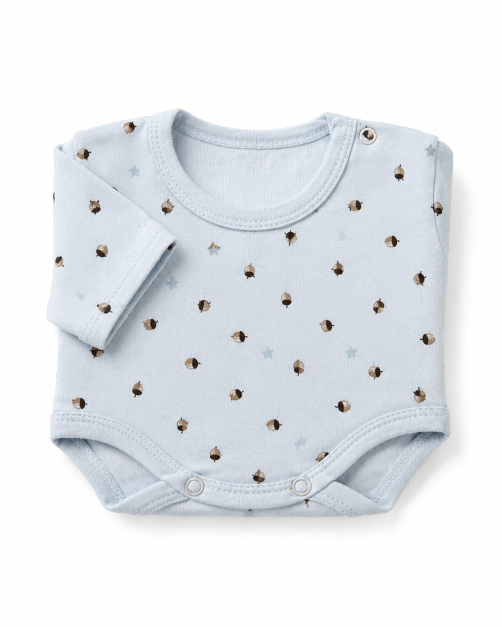 Pale blue short-sleeve baby bodysuit with acorn and star print, folded on white