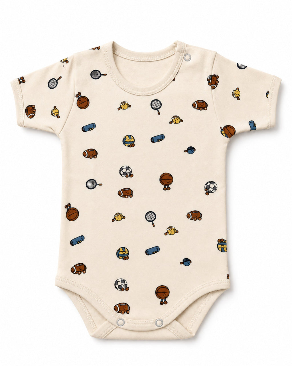 Cream short-sleeve baby bodysuit with sports print, front view on white
