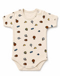Cream short-sleeve baby bodysuit with sports print, front view on white
