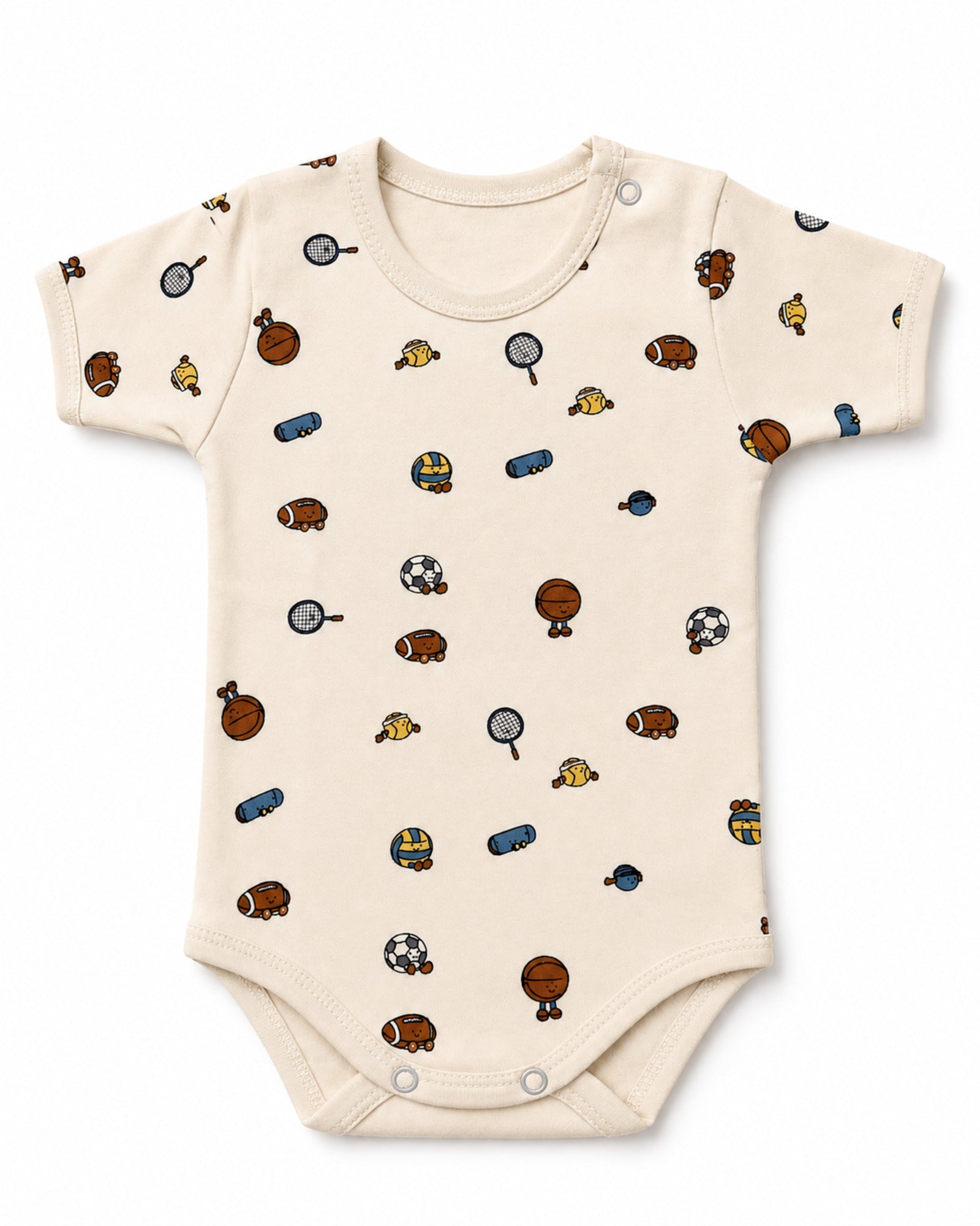 Cream short-sleeve baby bodysuit with sports print, front view on white