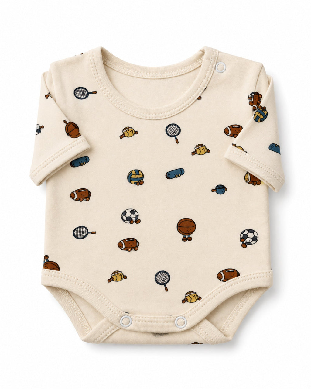 Cream short-sleeve sports print baby bodysuit, folded on white