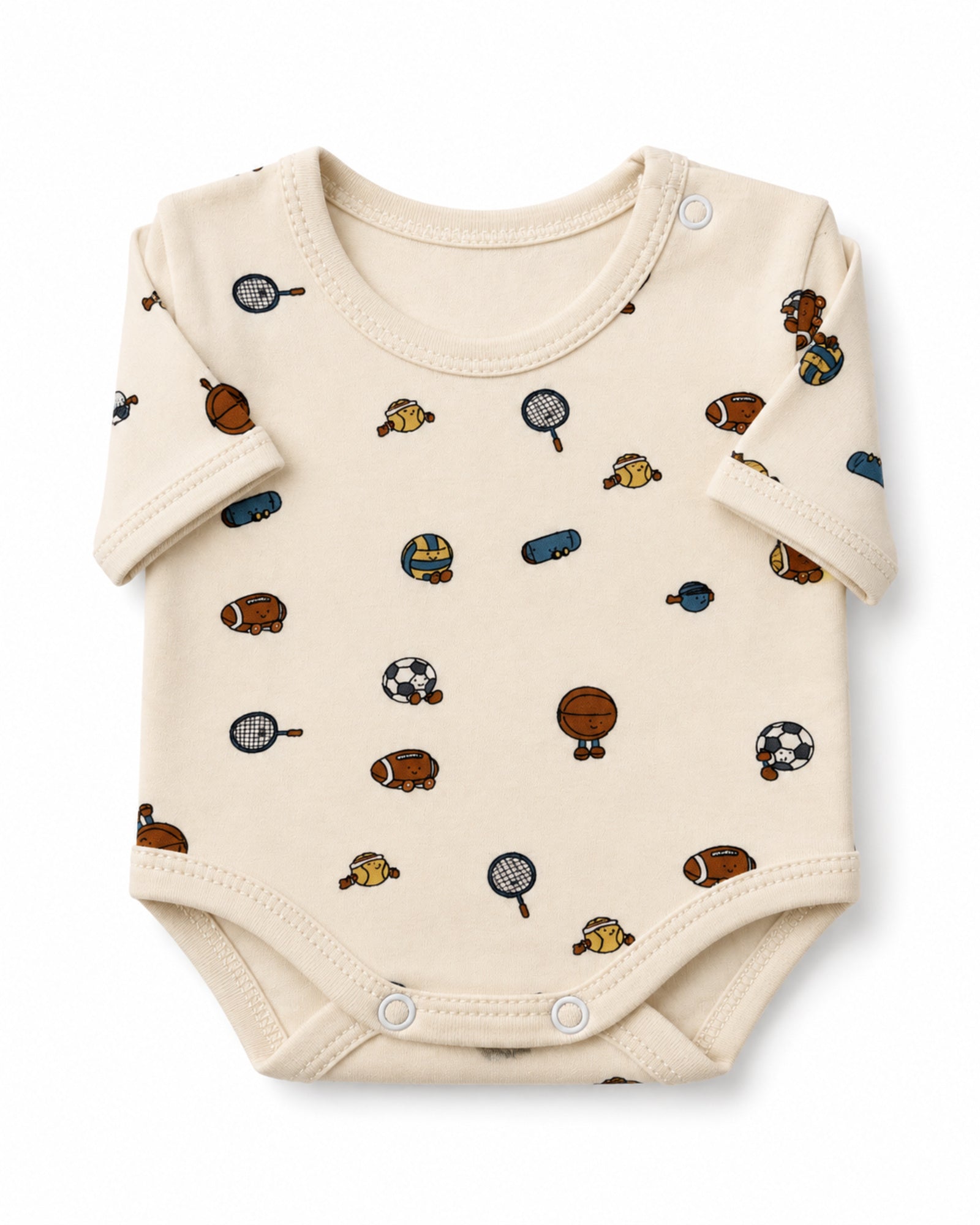 Cream short-sleeve sports print baby bodysuit, folded on white