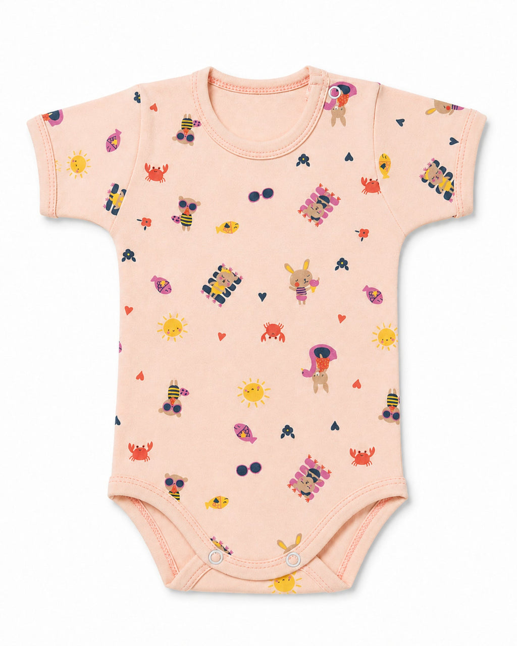 Pale peach short-sleeve baby bodysuit with playful illustrated print, front view on white