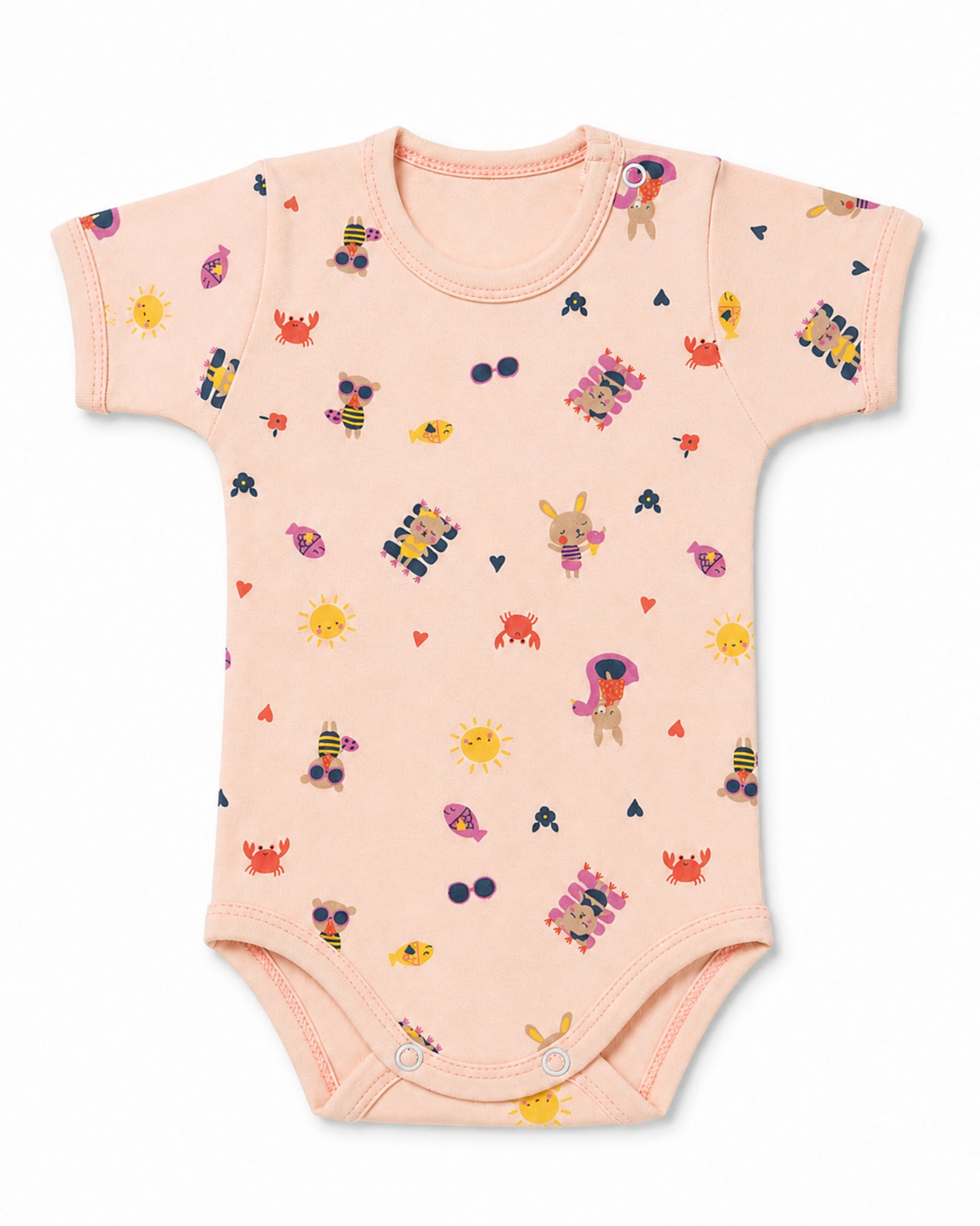Pale peach short-sleeve baby bodysuit with playful illustrated print, front view on white