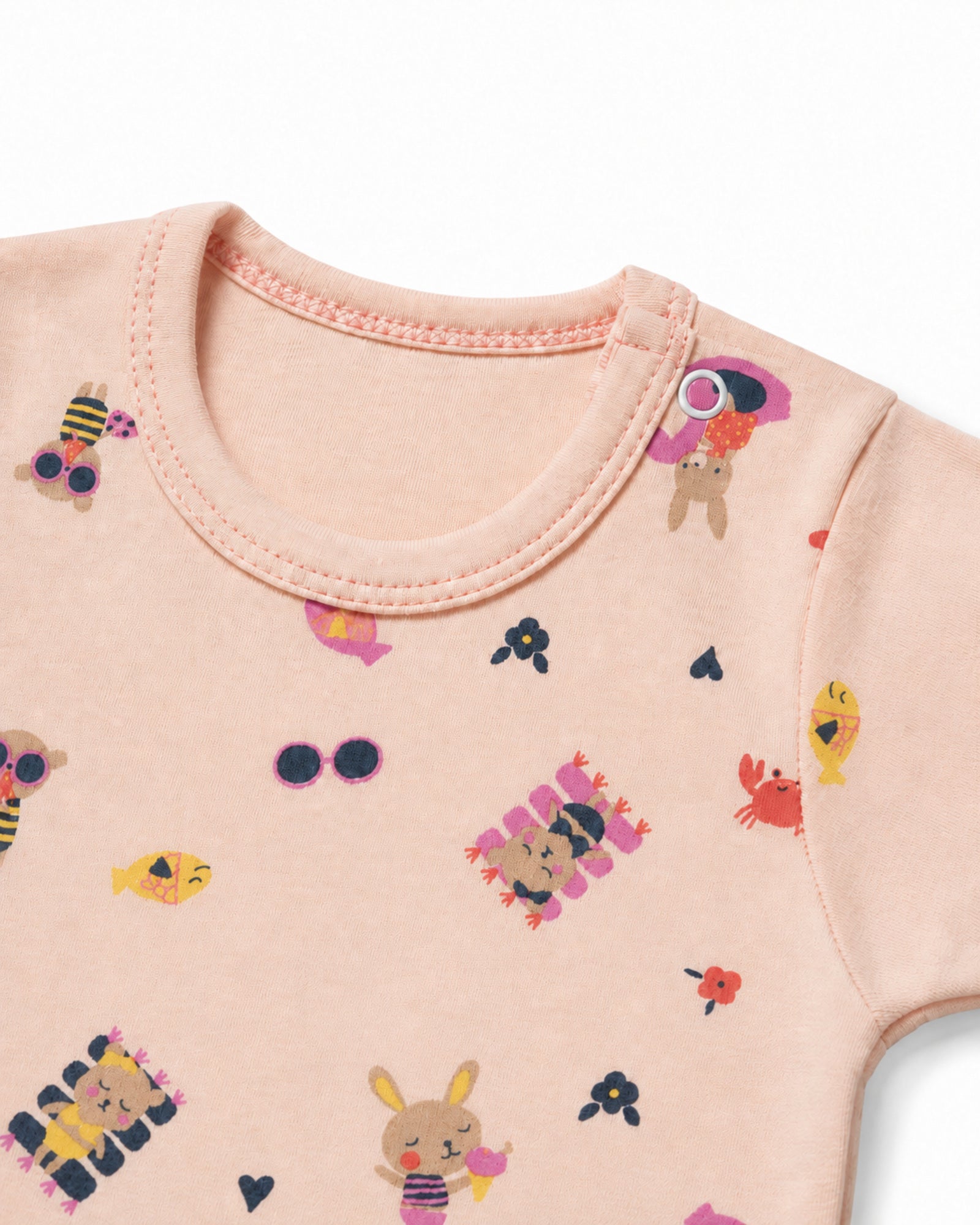 Pale peach baby bodysuit neckline, shoulder snap, stitching and illustrated print detail on white