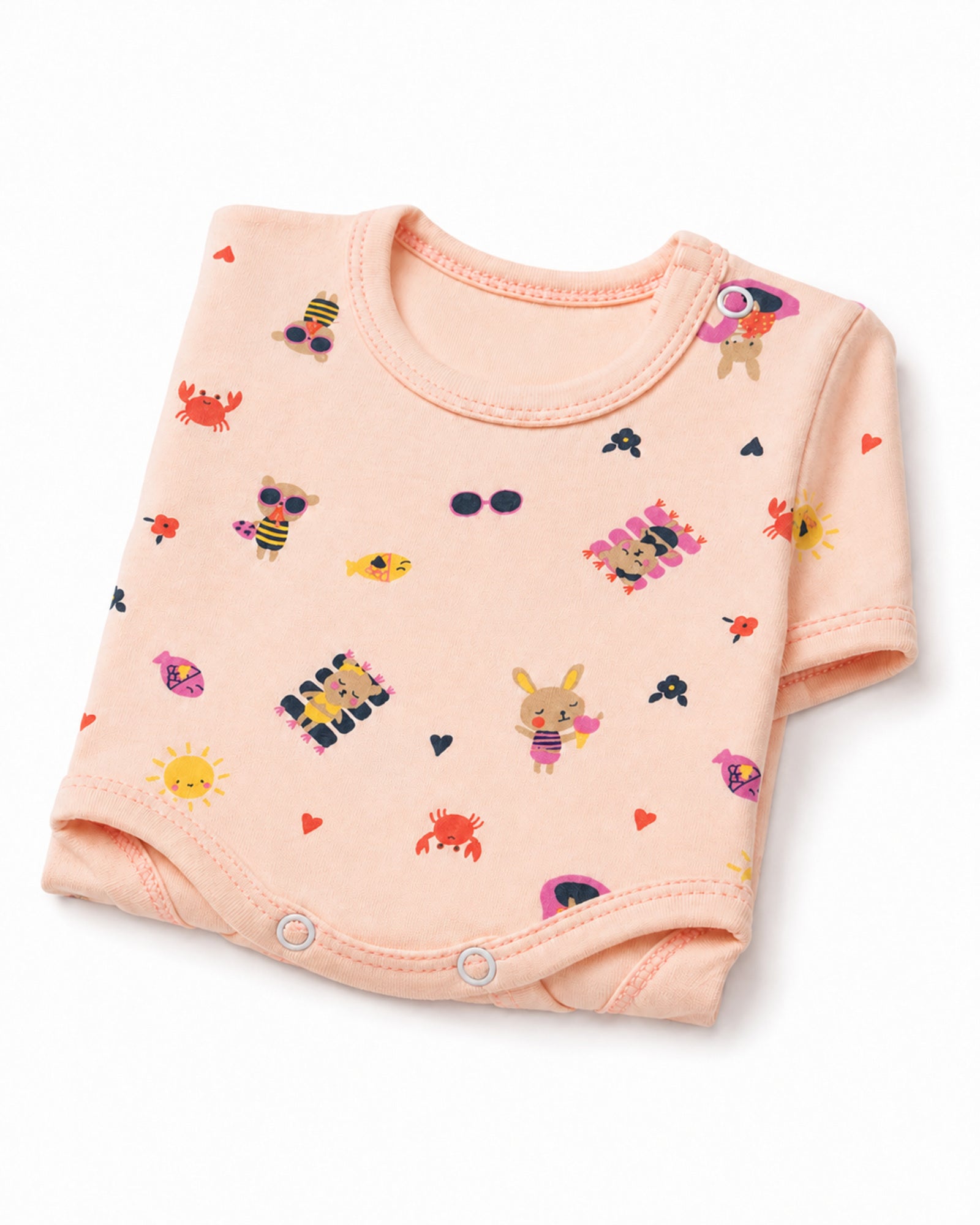 Pale peach short-sleeve illustrated baby bodysuit, folded on white
