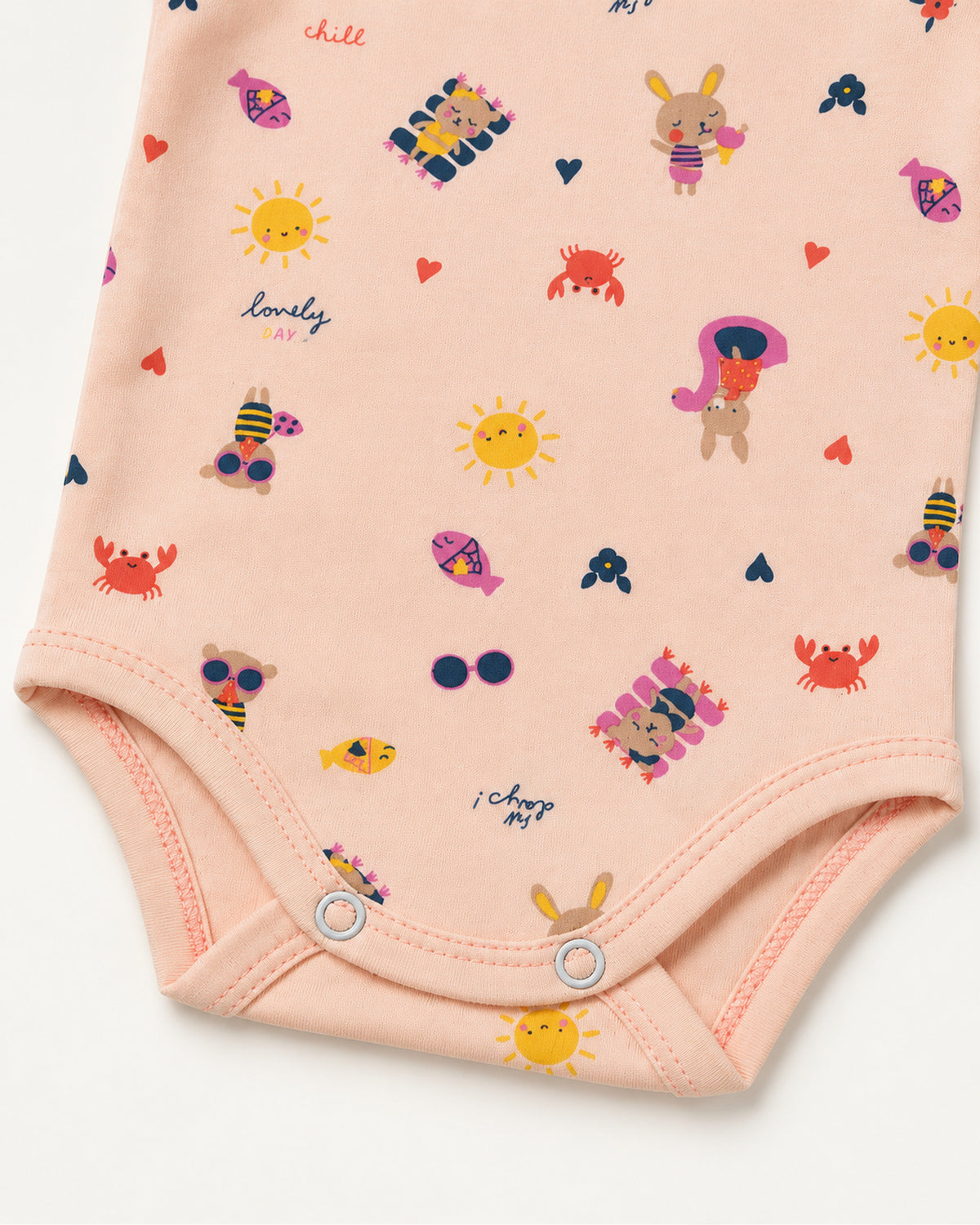Pale peach seaside bodysuit leg binding and two bottom press snap detail