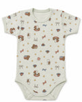 Pale mint short-sleeve baby bodysuit with rocking horse, teddy, bow and star print, front view on white