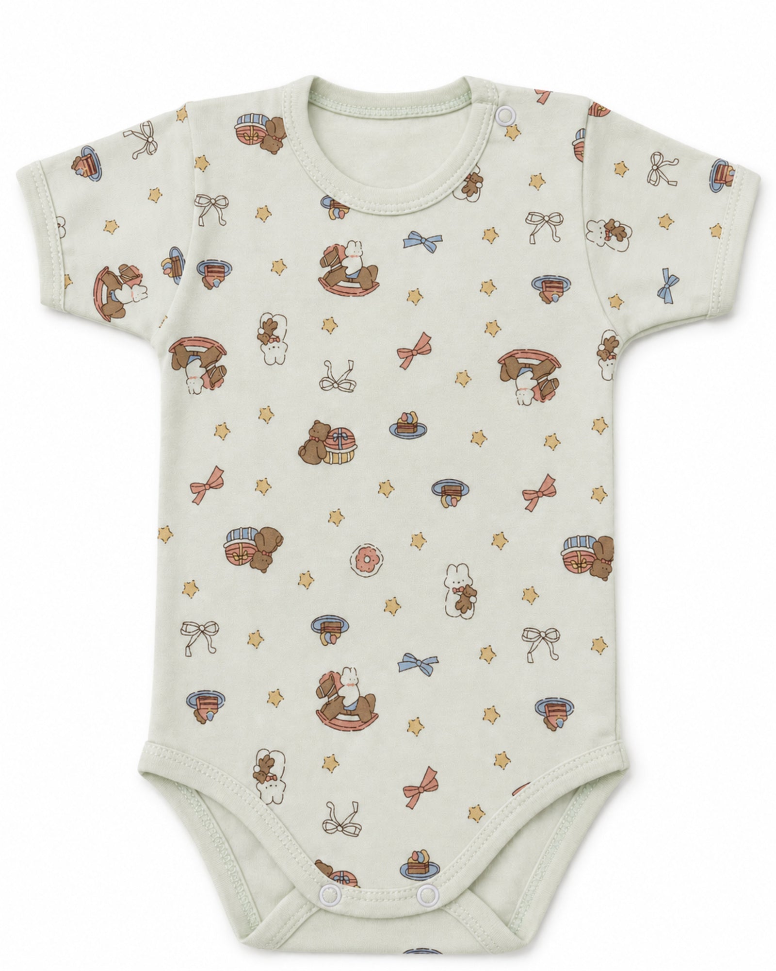 Pale mint short-sleeve baby bodysuit with rocking horse, teddy, bow and star print, front view on white