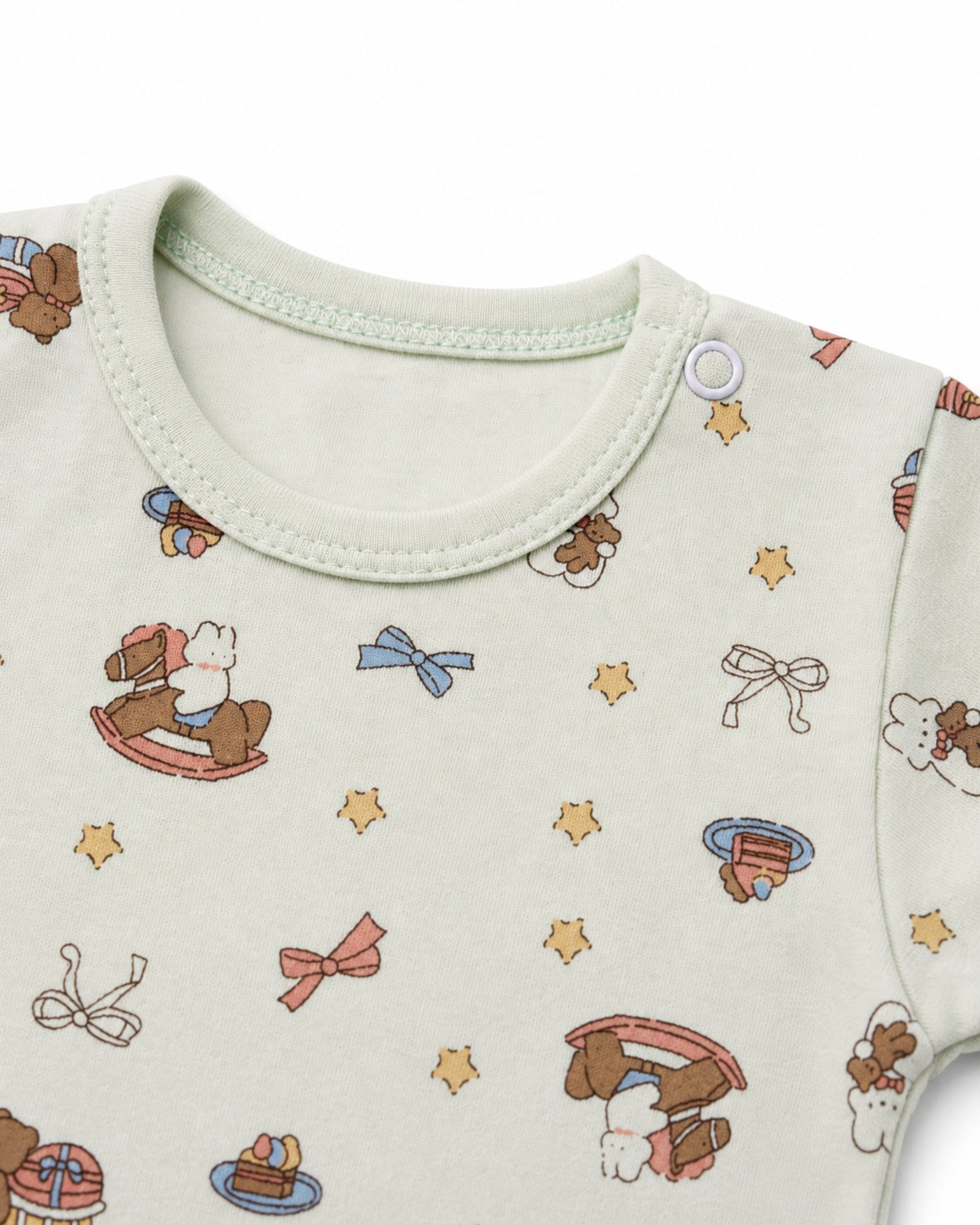 Pale mint baby bodysuit neckline, shoulder snap, stitching and illustrated print detail on white