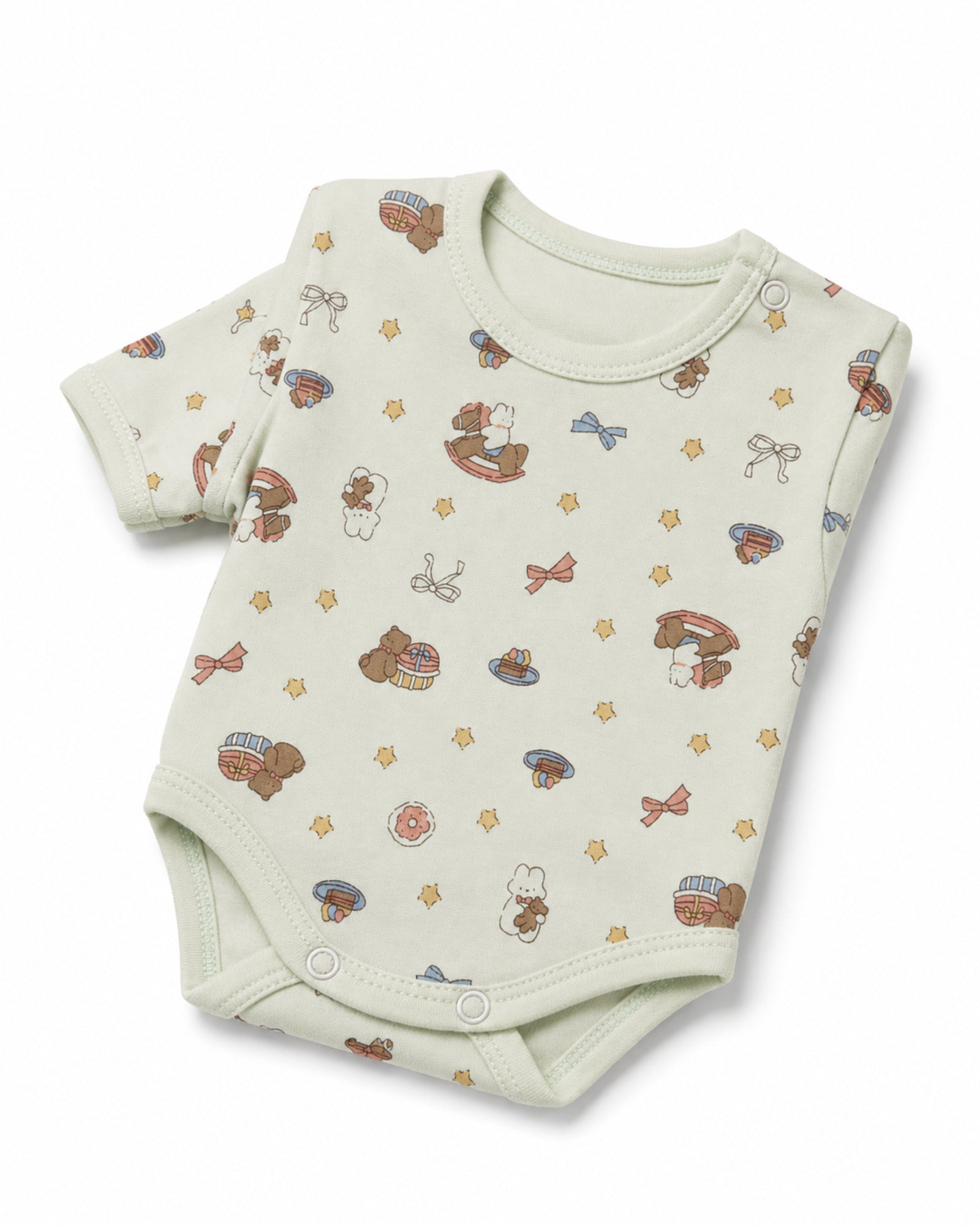 Pale mint short-sleeve illustrated baby bodysuit, folded on white