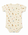 Pale yellow short-sleeve baby bodysuit with crayon woodland animal print, front view on white