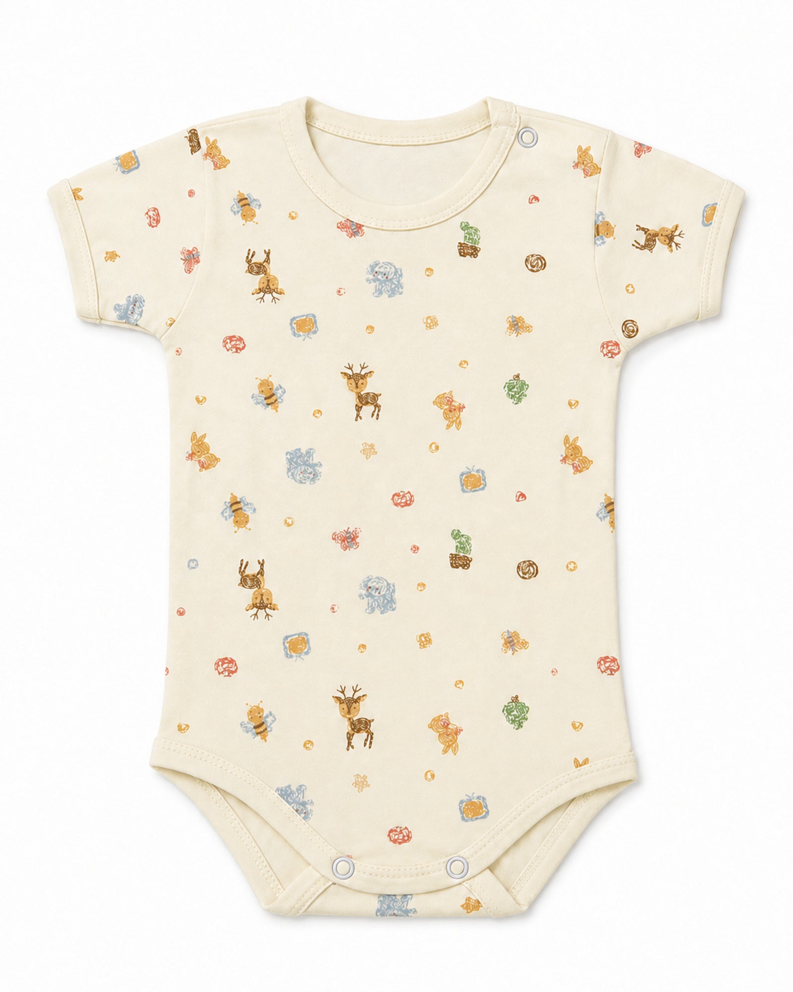 Pale yellow short-sleeve baby bodysuit with crayon woodland animal print, front view on white