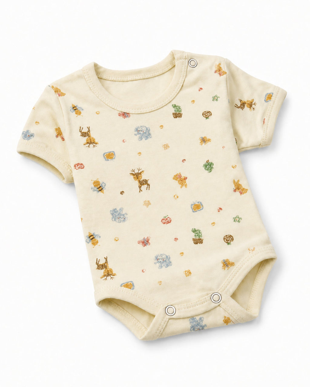 Pale yellow short-sleeve crayon woodland animal baby bodysuit, angled composition on white