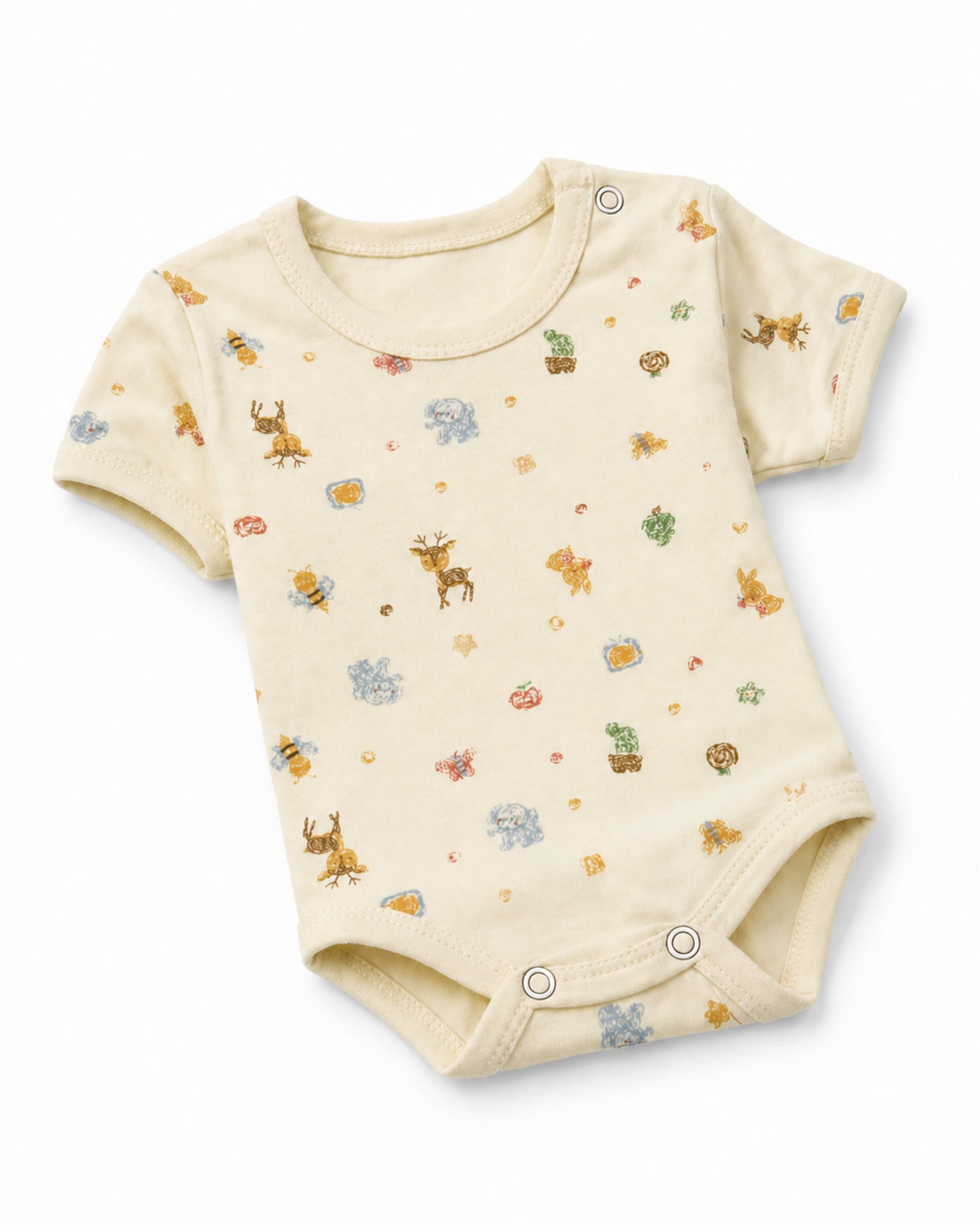 Pale yellow short-sleeve crayon woodland animal baby bodysuit, angled composition on white