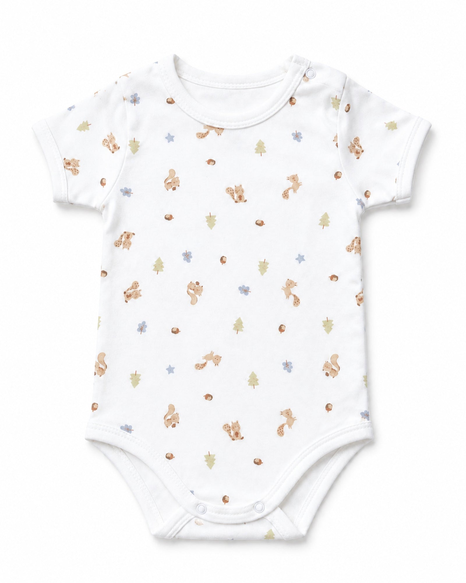 White short-sleeve baby bodysuit with squirrel, acorn and woodland-tree print, front view on white