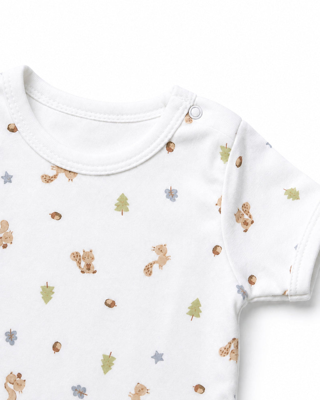 White baby bodysuit neckline, shoulder snap, stitching and squirrel woodland print detail on white