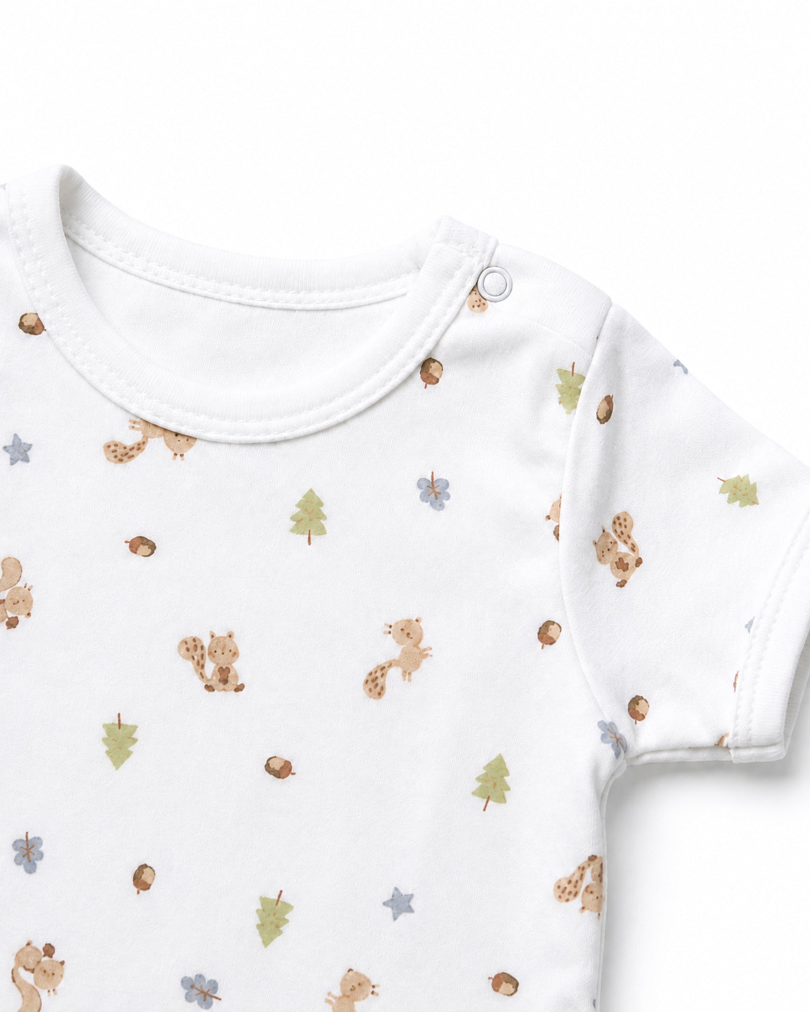 White baby bodysuit neckline, shoulder snap, stitching and squirrel woodland print detail on white