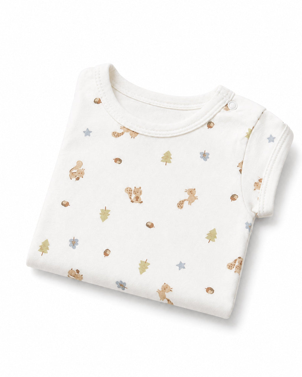 Folded white short-sleeve baby bodysuit with squirrel and woodland print on white