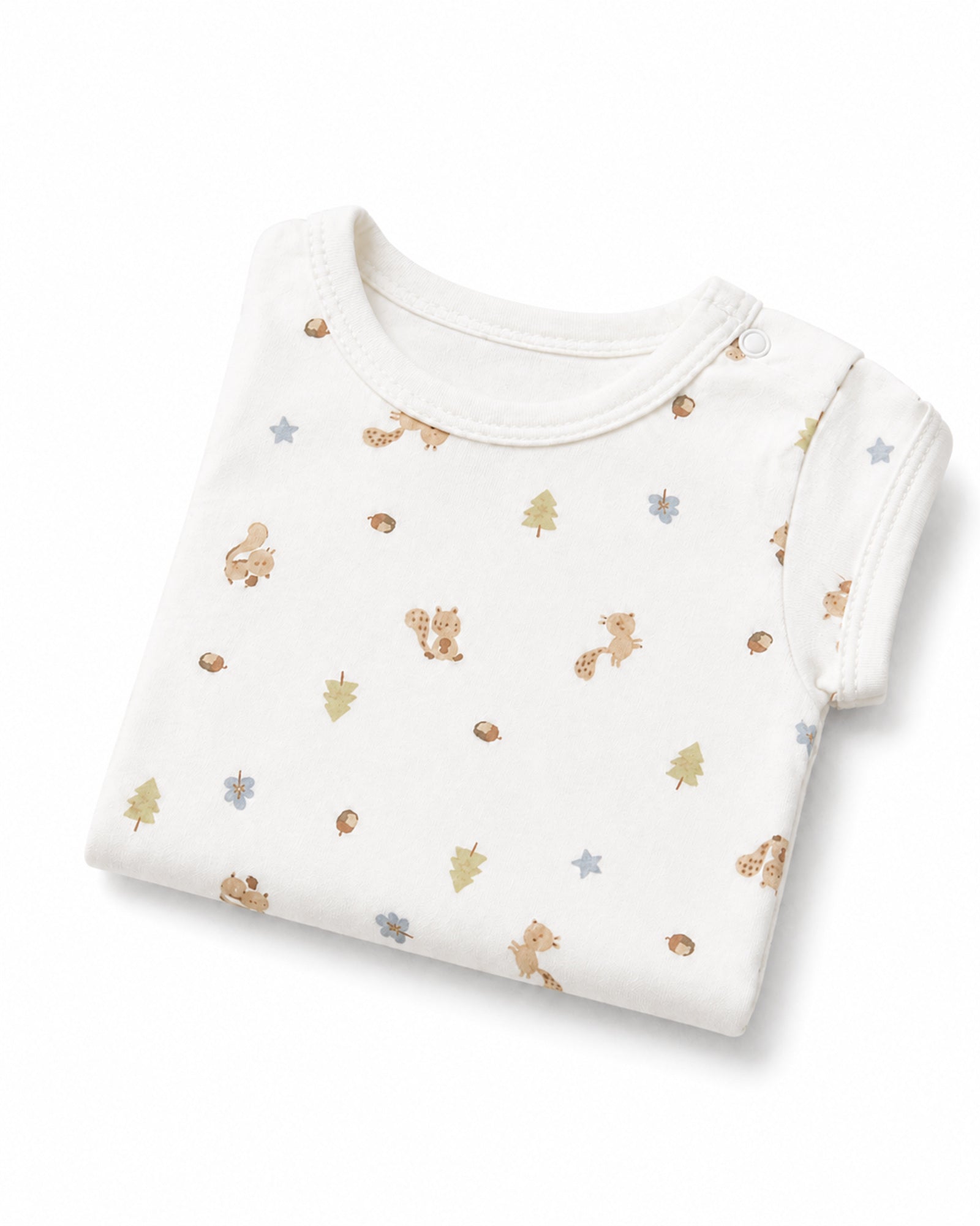 Folded white short-sleeve baby bodysuit with squirrel and woodland print on white