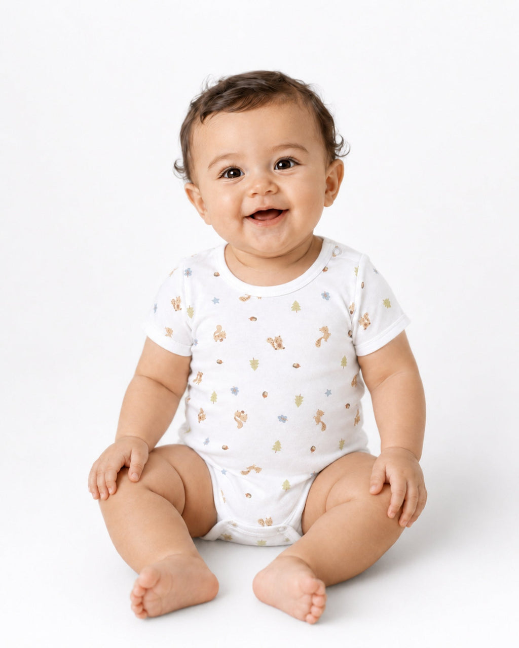 Smiling baby wearing white short-sleeve squirrel and woodland print bodysuit on white