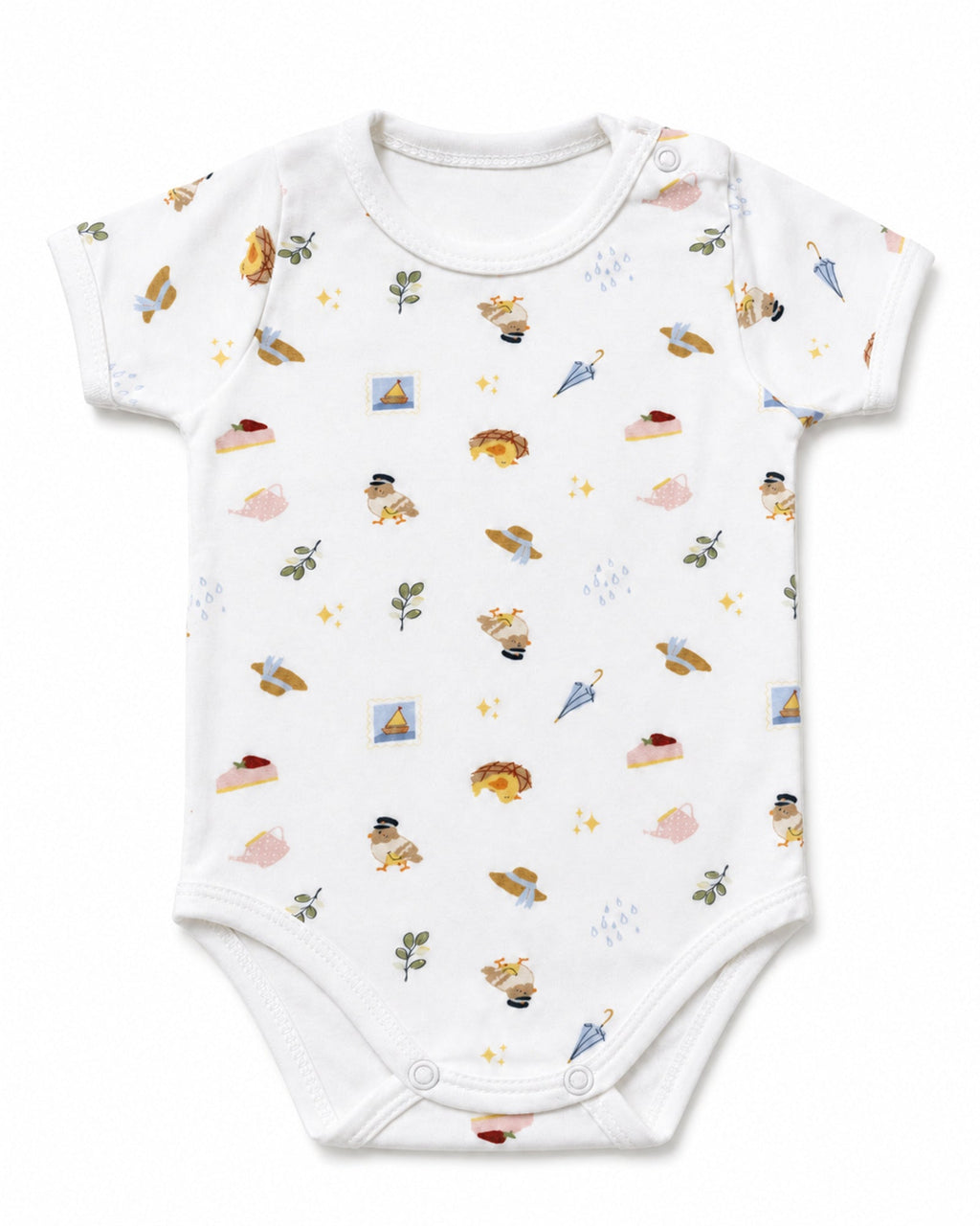 White short-sleeve baby bodysuit with picnic and travel icons print, front view on white