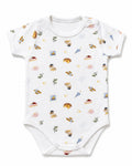 White short-sleeve baby bodysuit with picnic and travel icons print, front view on white