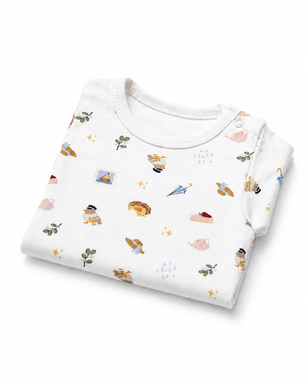 Folded white short-sleeve baby bodysuit with picnic and travel icons print on white