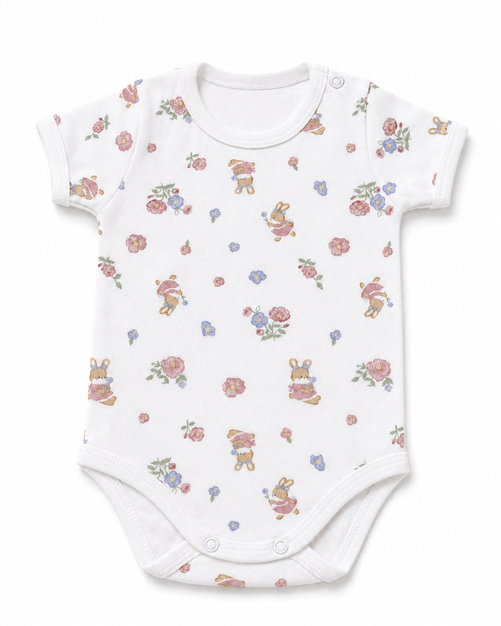 White short-sleeve baby bodysuit with floral bunny print, front view on white