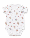 White short-sleeve baby bodysuit with floral bunny print, front view on white