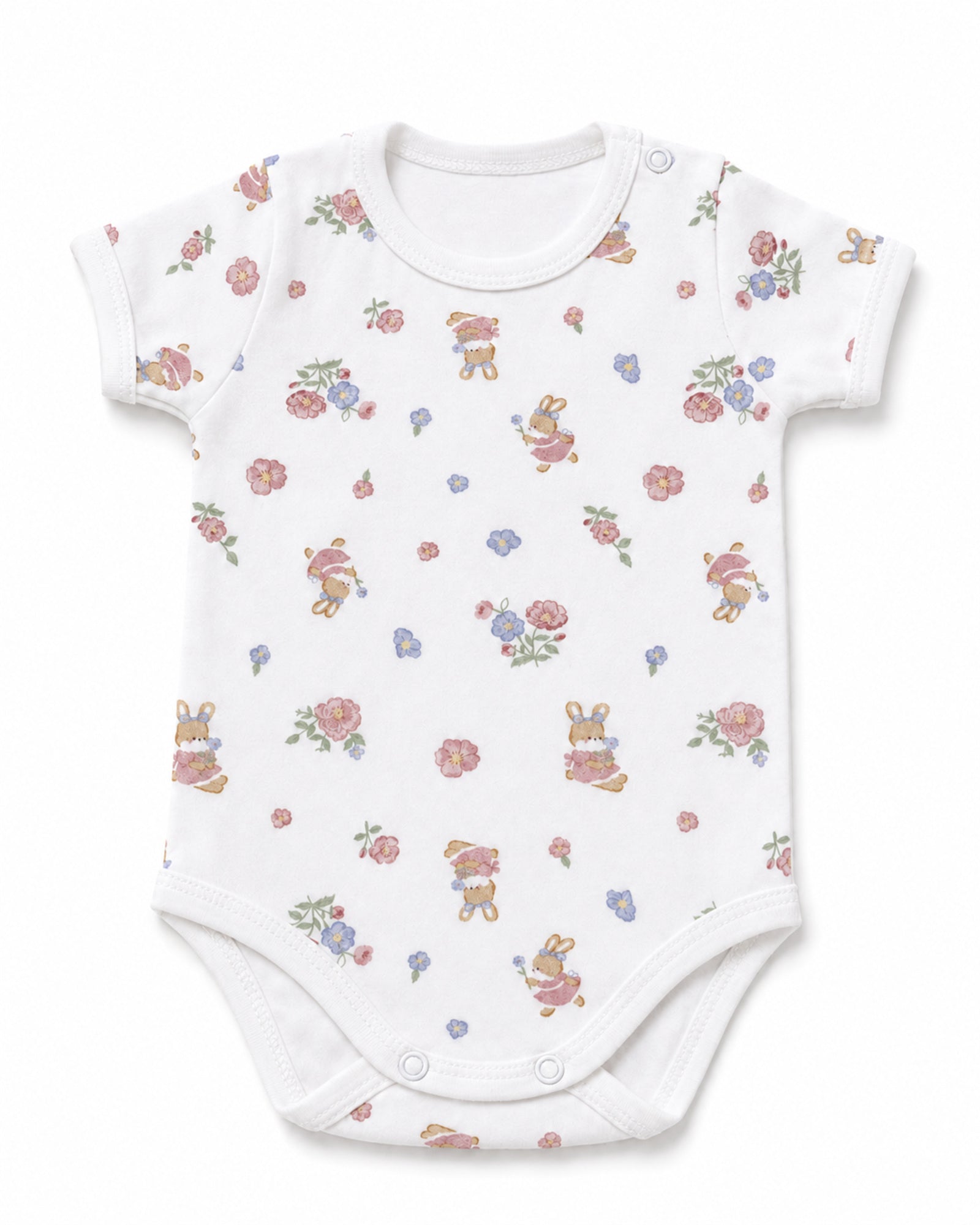 White short-sleeve baby bodysuit with floral bunny print, front view on white