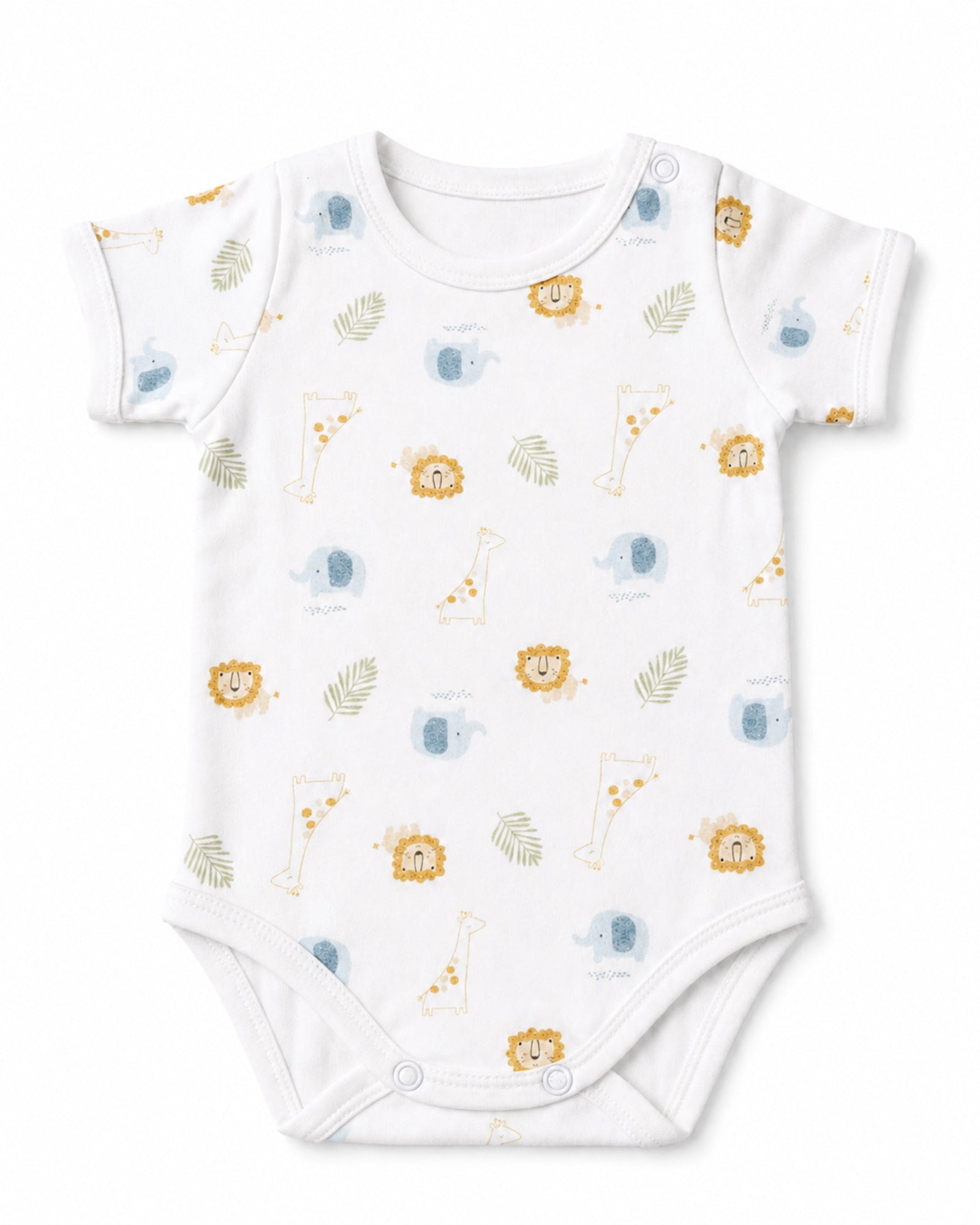 White short-sleeve baby bodysuit with safari animals print, front view on white