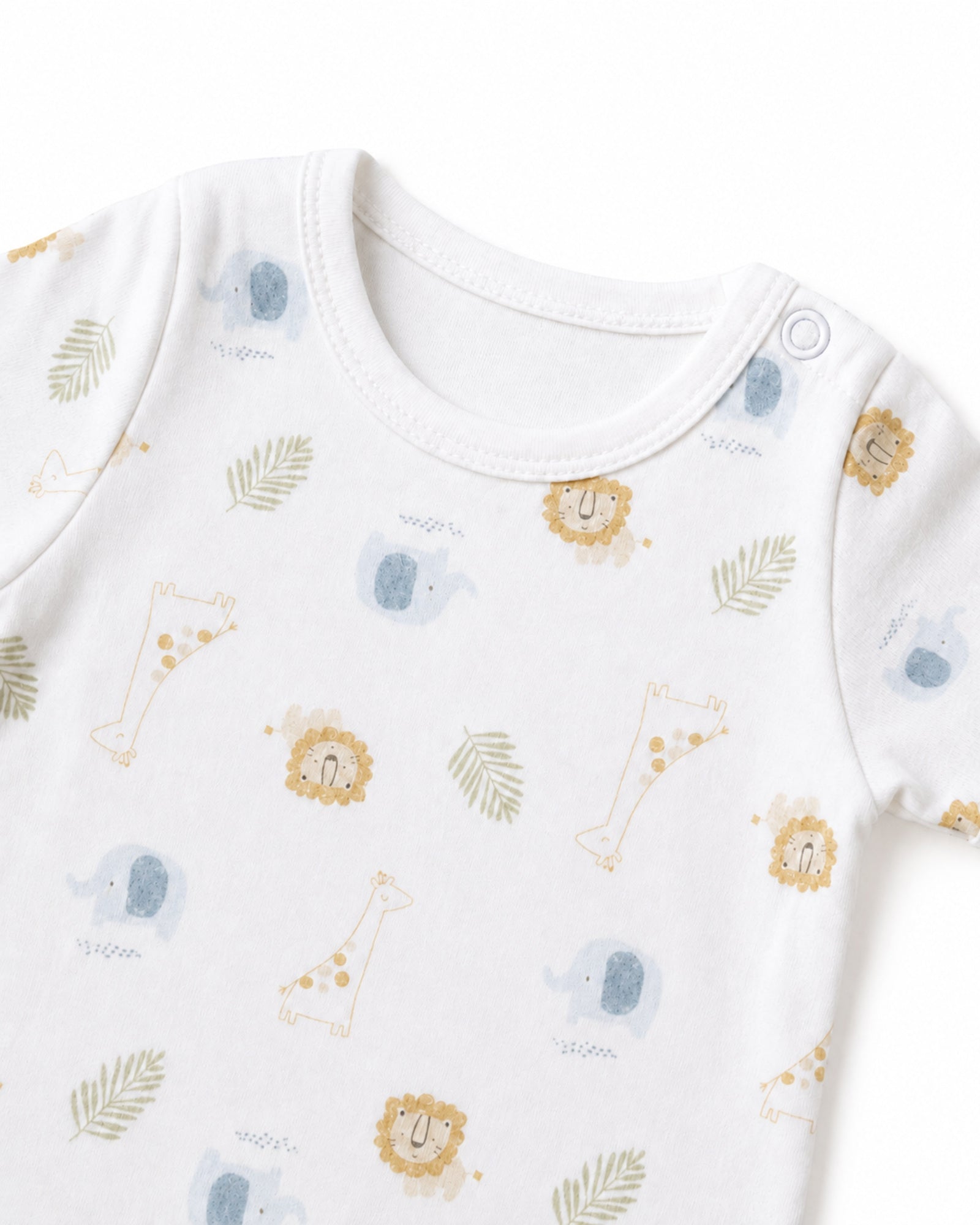 White safari animal baby bodysuit neckline, shoulder snap and stitching detail on white
