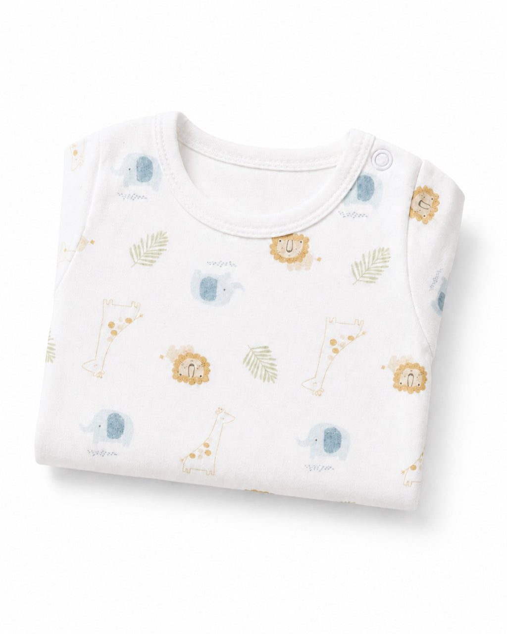 Folded white short-sleeve safari animal baby bodysuit on white