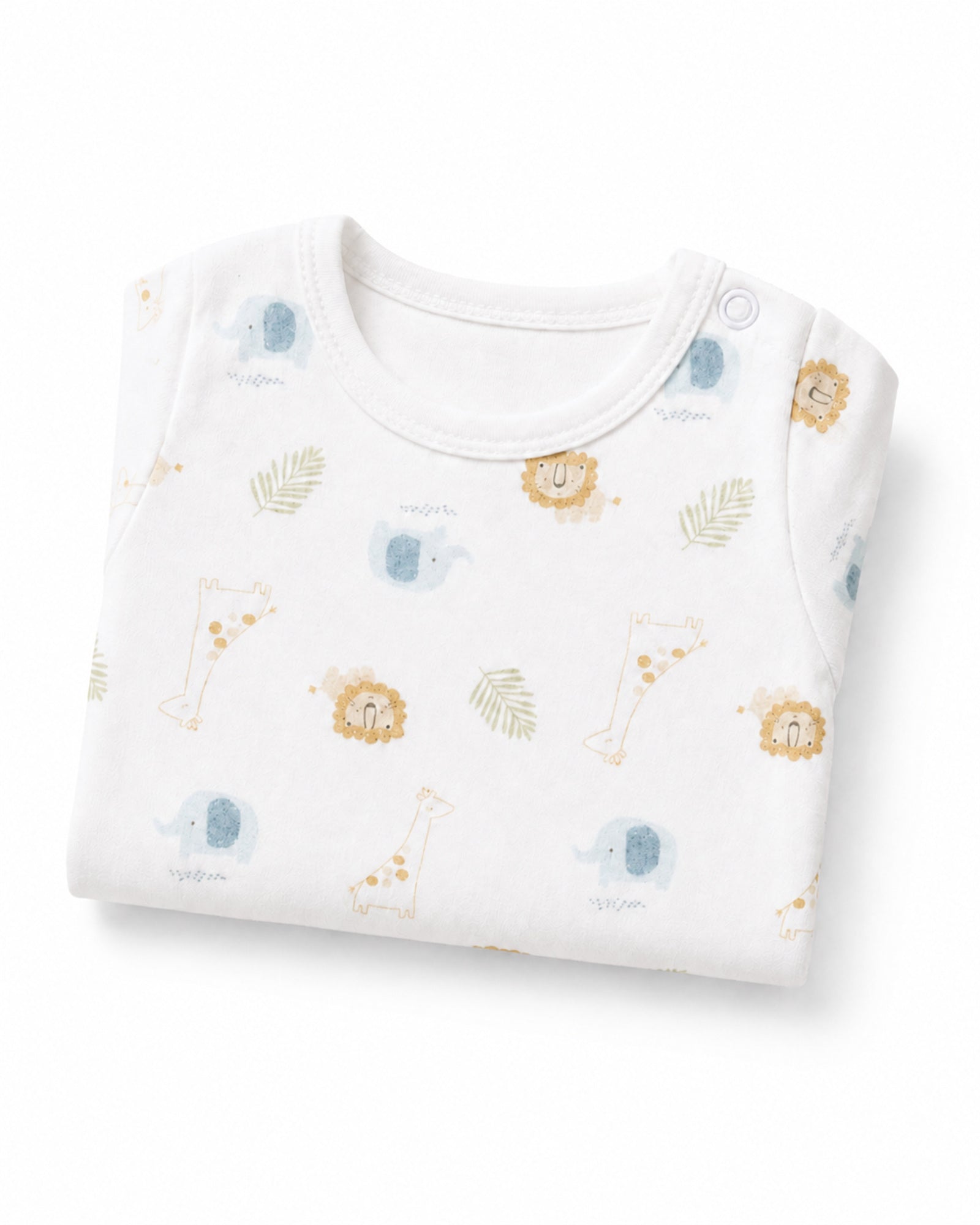 Folded white short-sleeve safari animal baby bodysuit on white
